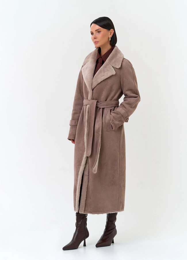 Женская дубленка из эко замши с английским воротником модель № 33918 универмаг малина
