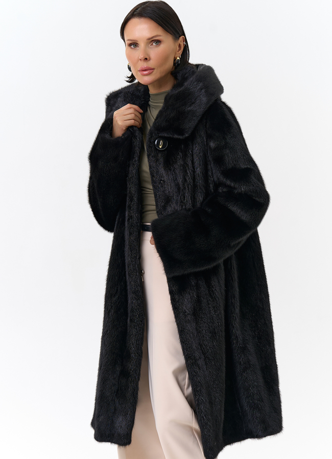 Черная норковая шуба с капюшоном модель № 26158 универмаг малина