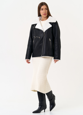 Женская дубленка из эко замши черного цвета