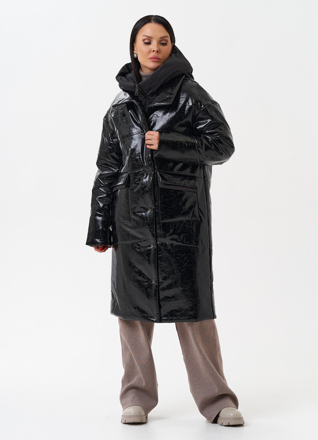 Женский пуховик из эко кожи с капюшоном модель № 28686 универмаг малина