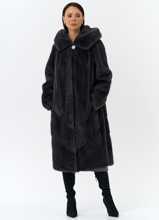 Женская шуба из норки силуэта баллон с капюшоном модель № 24750 в рассрочку