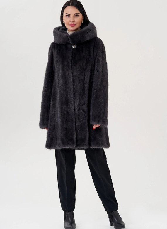Норковая шуба балетка, в цвете графит с капюшоном