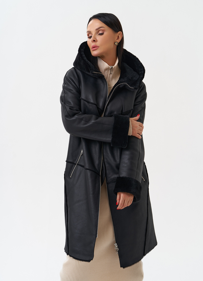 Натуральная дубленка с капюшоном модель № 28958 универмаг малина