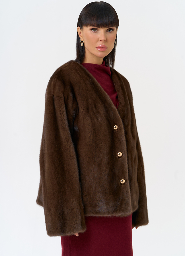Укороченная шуба из меха норки с акцентными пуговицами модель № 31650 в кредит