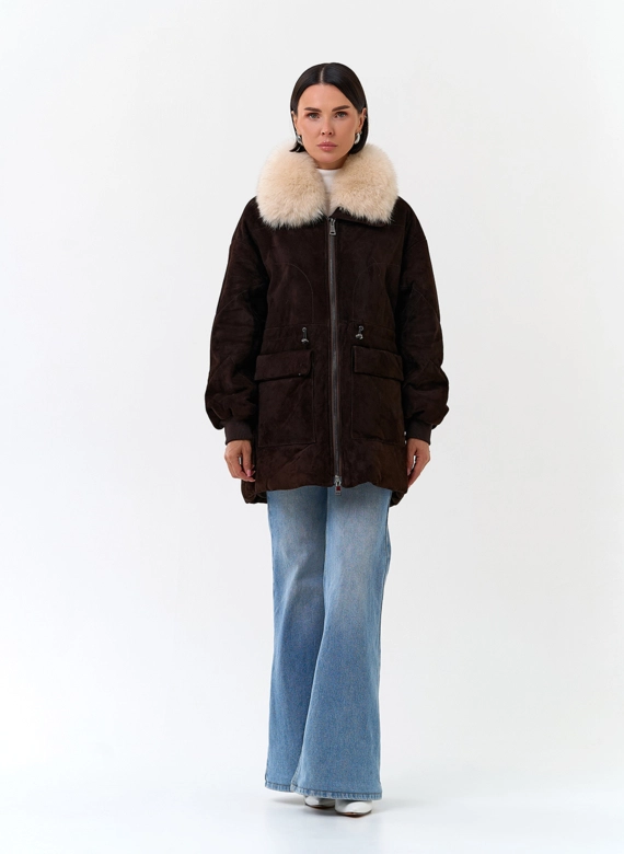 Женское полупальто из натуральной замши с воротником из меха песца фото