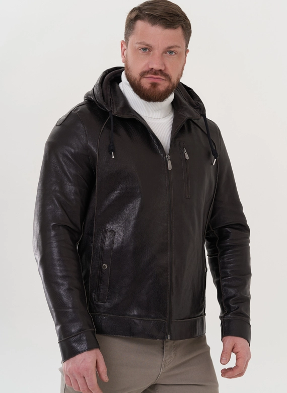 Мужская кожаная куртка с капюшоном фото