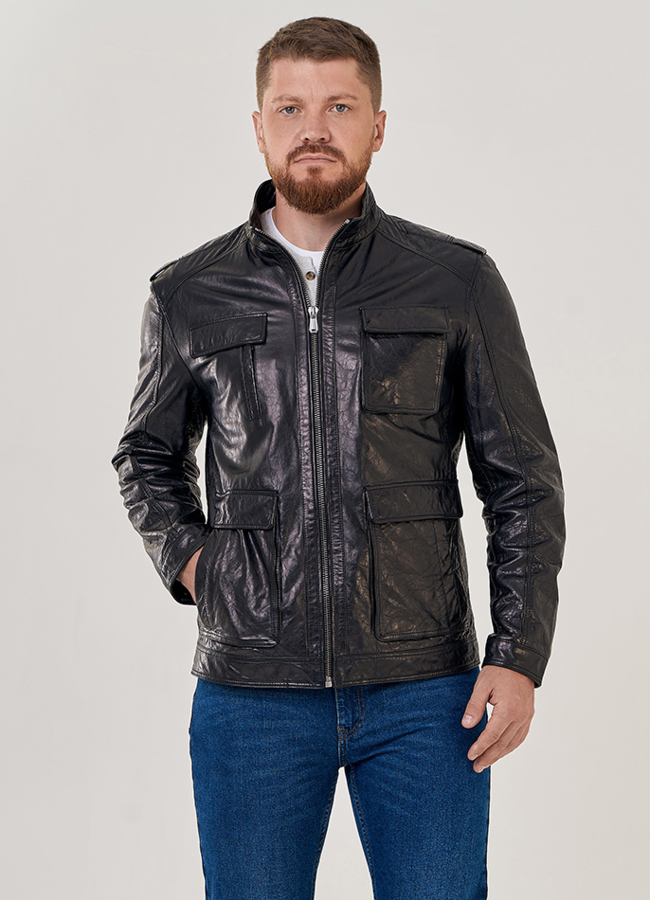 Кожаная куртка с накладными карманами модель № 8055 универмаг малина