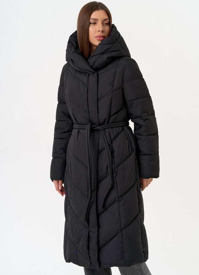 фото Женский пуховик черного цвета с поясом модель № 31603