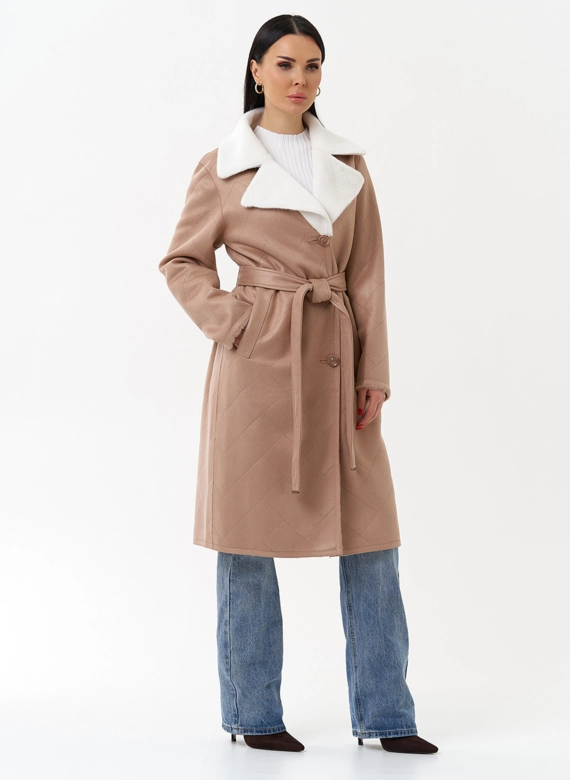 Пальто женское из эко замши с английским воротником