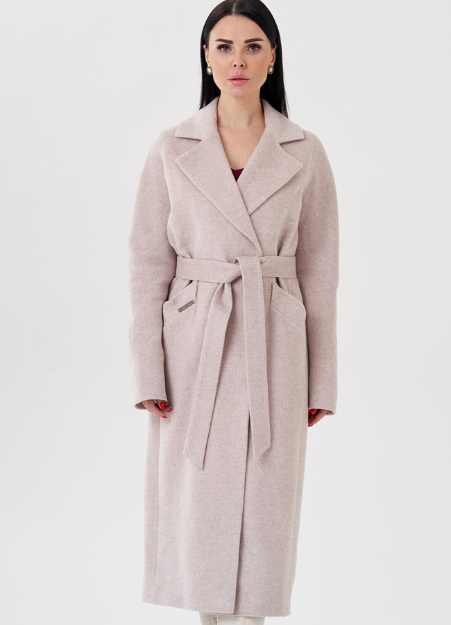 фото Светлое женское пальто с поясом модель № 23965