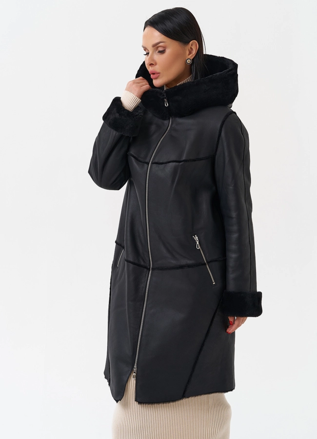 Натуральная дубленка с капюшоном модель № 28958 в рассрочку