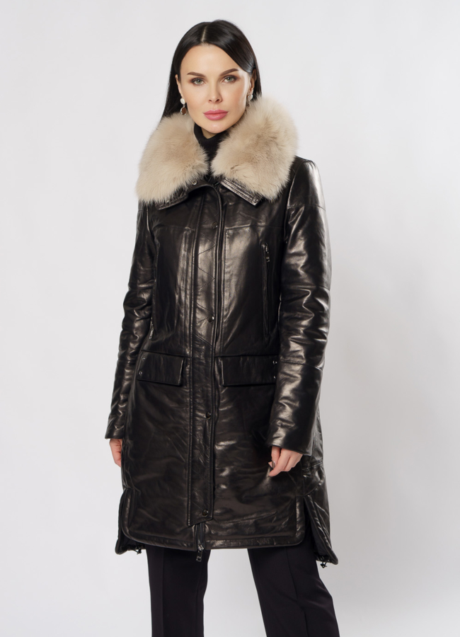 Пуховик из натуральной кожи на молнии черного цвета модель № 917 меха малина