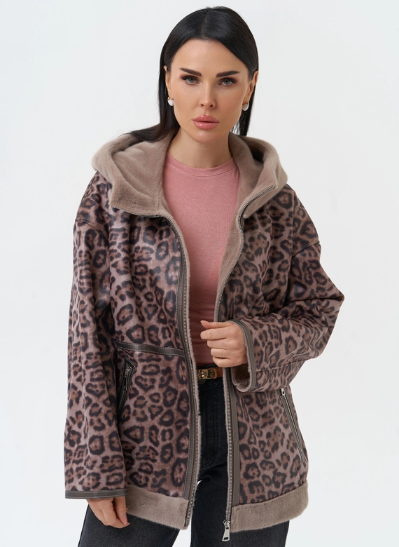 Женская дубленка из эко замши с капюшоном