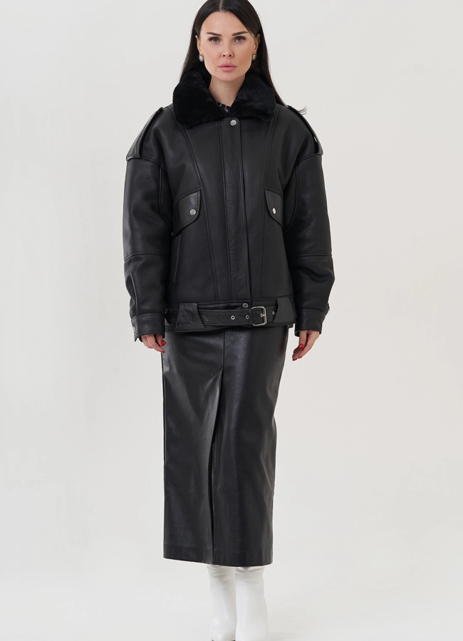 фото Женская дубленка черного цвета  модель № 25632