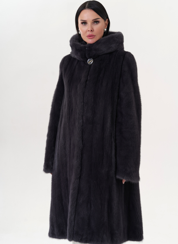 Шуба из норки классическая с капюшоном цвете графит