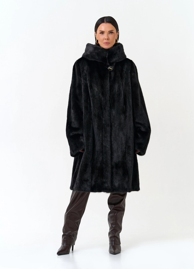 Черная норковая шуба с капюшоном модель № 26158 меха малина фото
