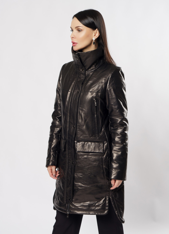 Пуховик из натуральной кожи на молнии черного цвета модель № 917 универмаг малина