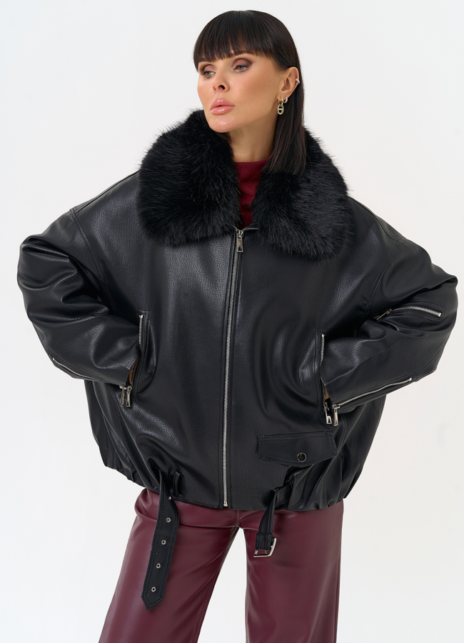 Женская утепленная куртка из эко кожи черного цвета модель № 30708 меха малина