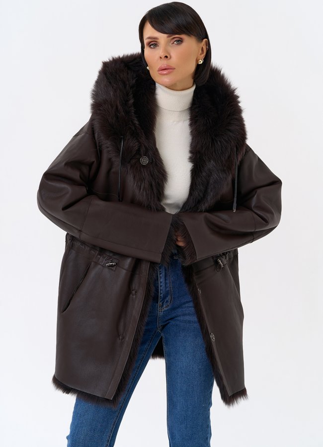 Женская двухсторонняя дубленка с капюшоном модель № 31851 универмаг малина