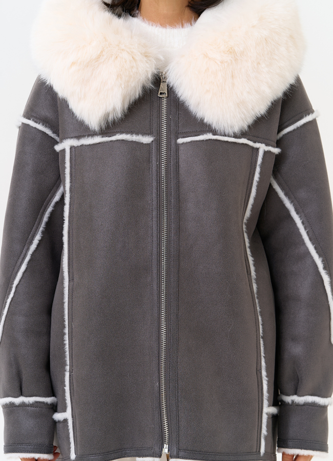 Женская дубленка из эко замши с капюшоном из эко меха модель № 31505 универмаг малина