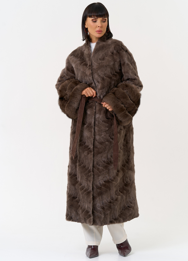 Женская шуба из меха норки с поясом модель № 31489 меха малина