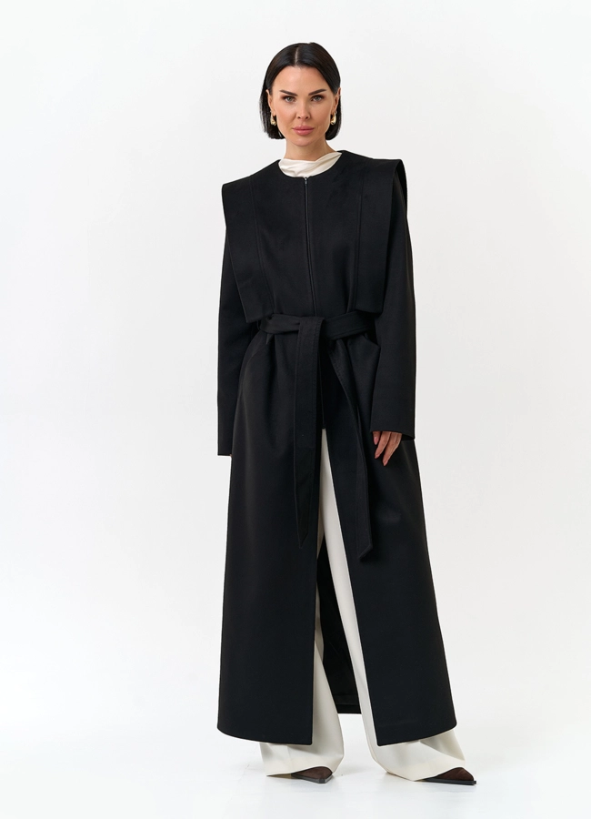 Женское длинное пальто с акцентными плечами  модель № 32856 в кредит