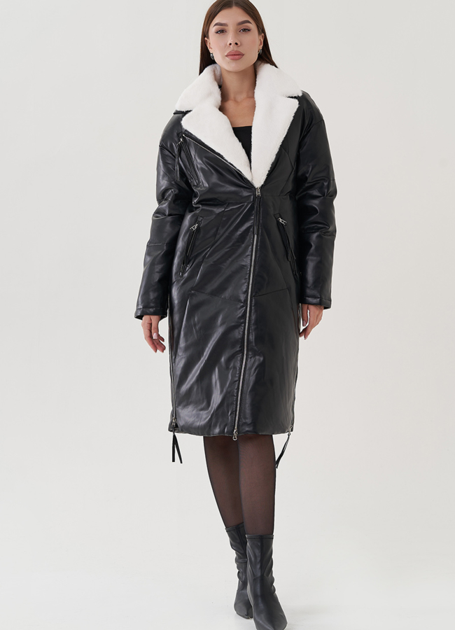 фото Пуховик женский из эко кожи с английским воротником модель № 25466