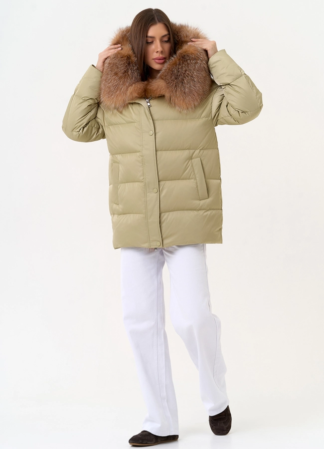 Женский пуховик с отделкой из меха рыжей лисы модель № 31439 универмаг малина