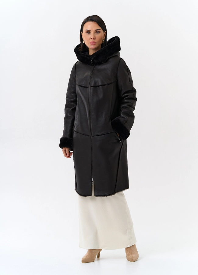 Женская натуральная дубленка с капюшоном модель № 32199 в рассрочку